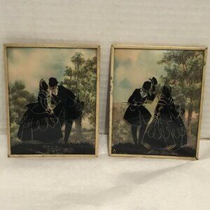 Set of vintage Convex Glass Reverse painted Silhouette Pictures Victorian scenes